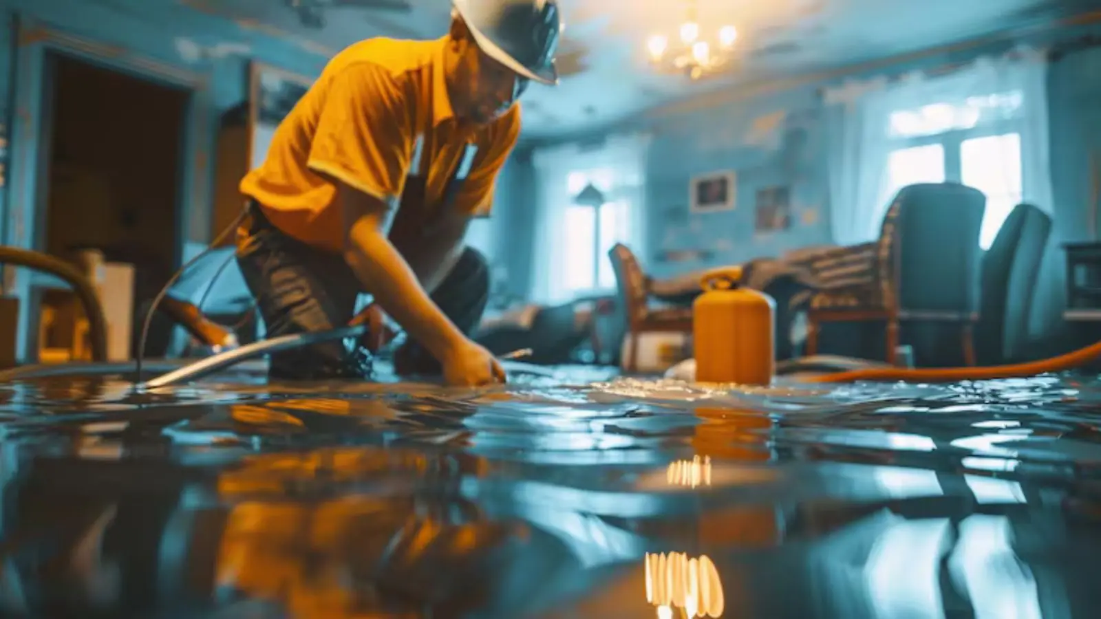 Restoration technician kneeling on a wet living room floor with drying equipment